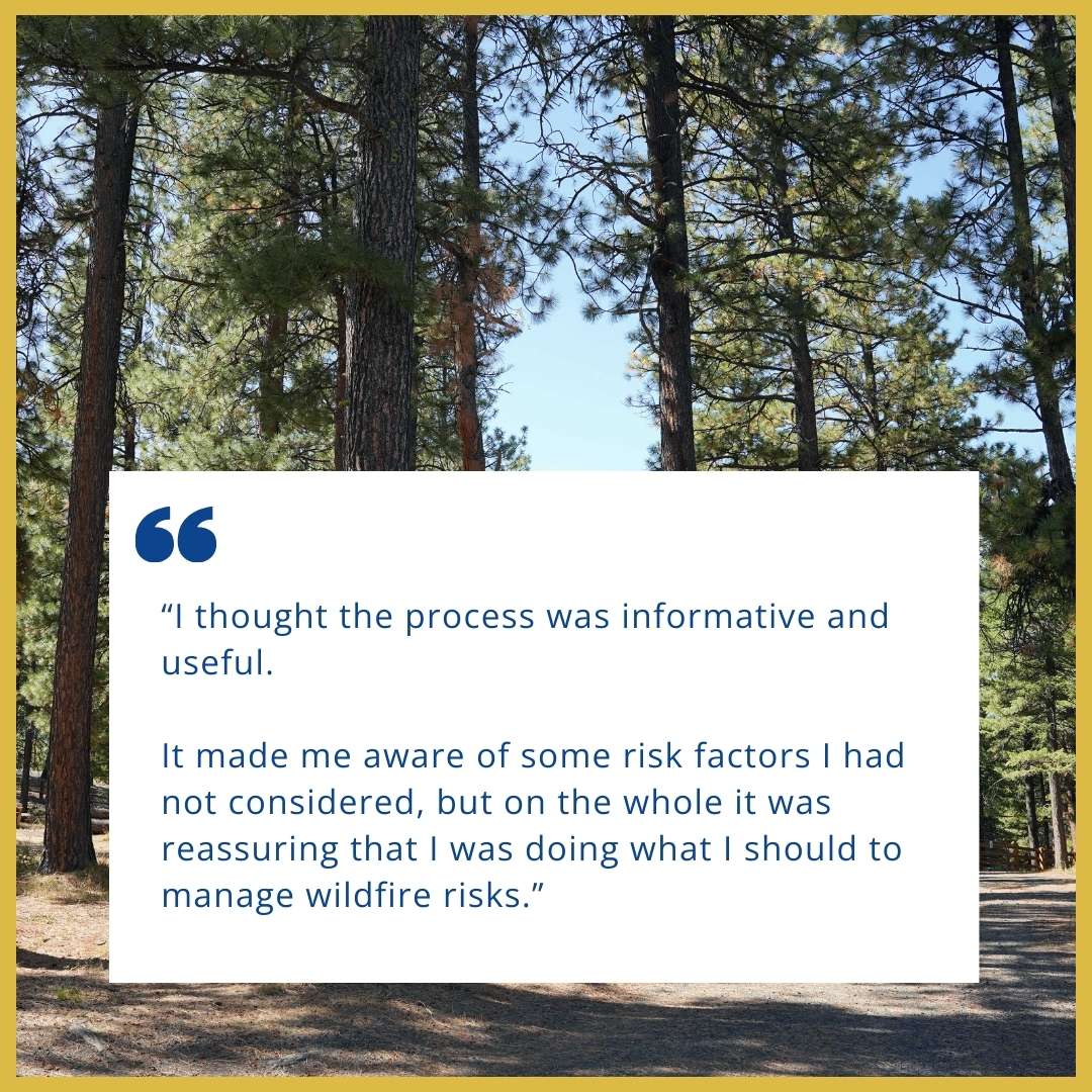 An image of trees with lower branches trimmed off with a quote about a defensible space assessment success story from a recipient.
