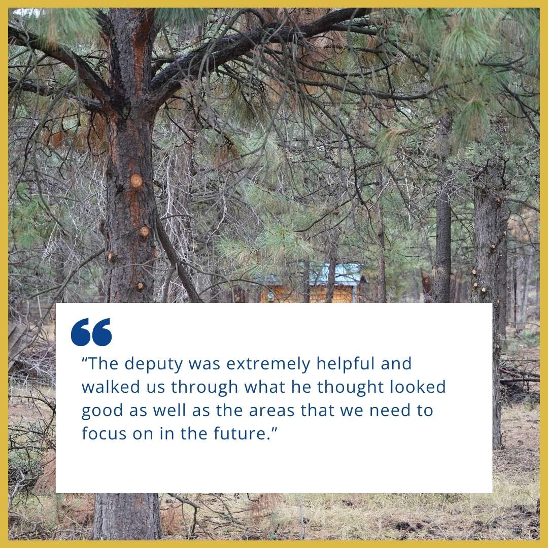 An image of a man raking leaves with a quote about a defensible space assessment success story from a recipient.